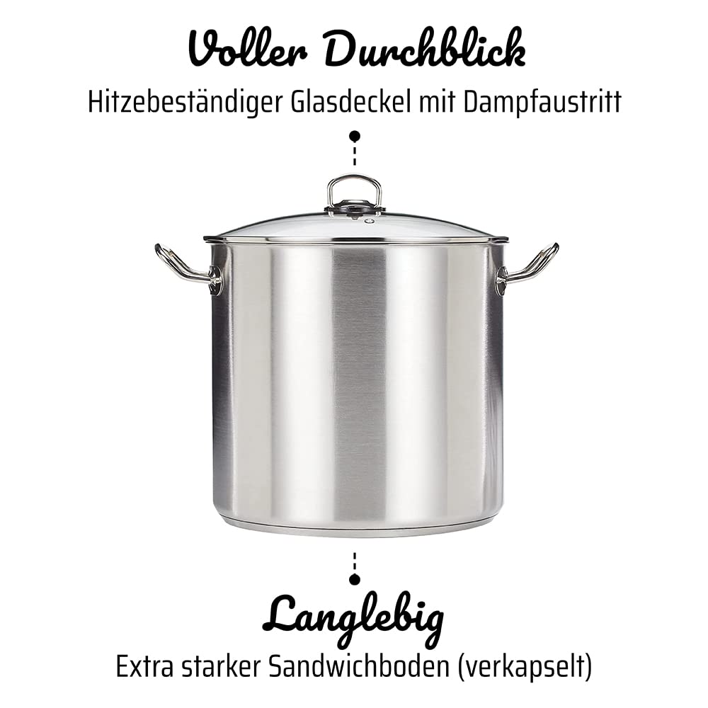 GSW Edelstahl-Großtopf 20 Liter mit Glasdeckel – Ø 30 cm