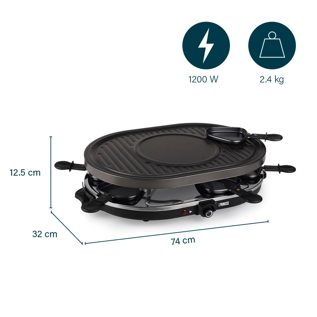 Princess Raclette-Grill oval – 8 Pfännchen, mit Crêpes-Fläche, 1200 W