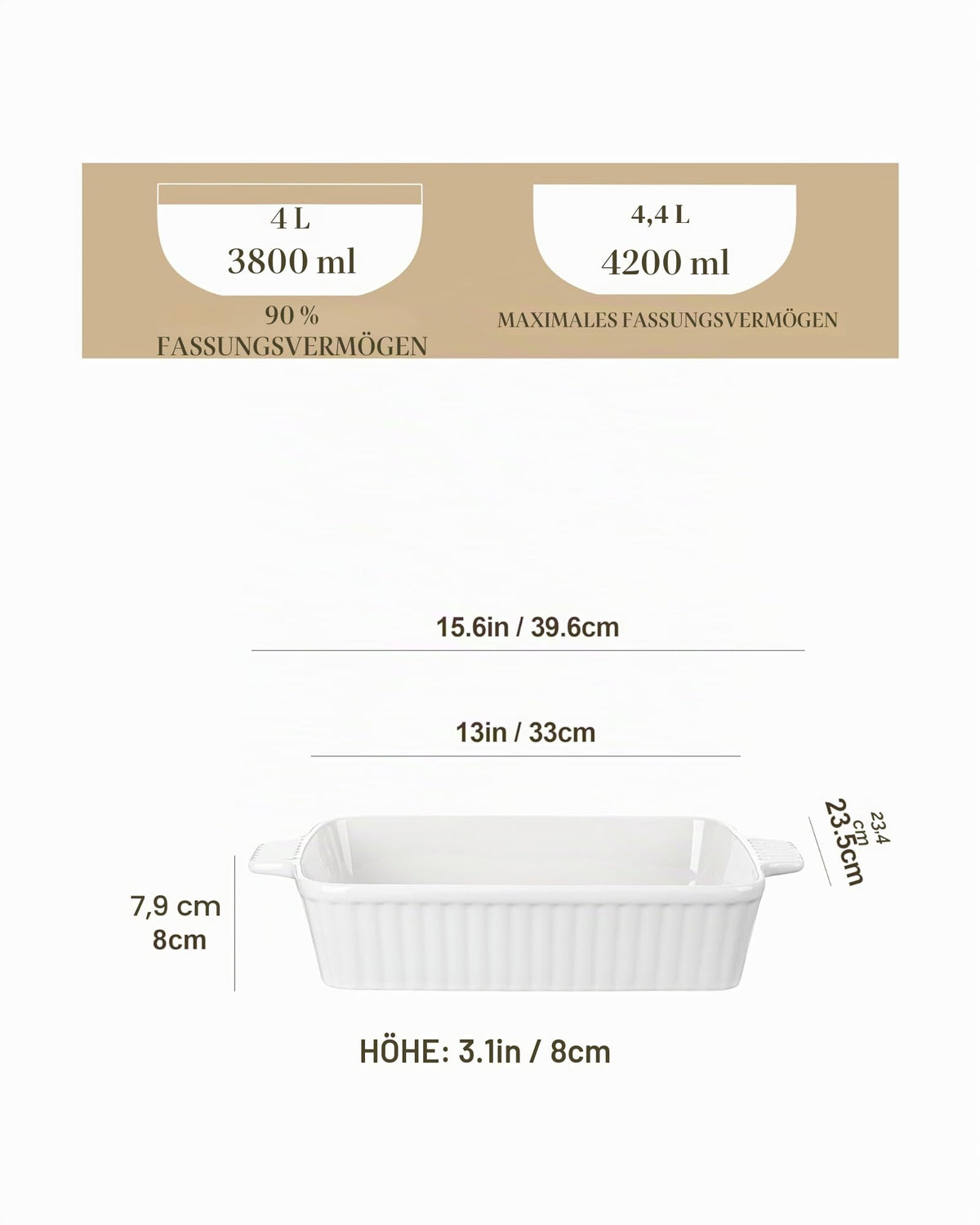 Große Auflaufform aus Keramik – 40 cm, 4,2 L, mit Griffen
