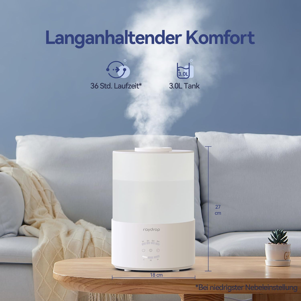 Luftbefeuchter 3 L mit Top-Fill – Aroma-Diffuser, Timer, flüsterleise