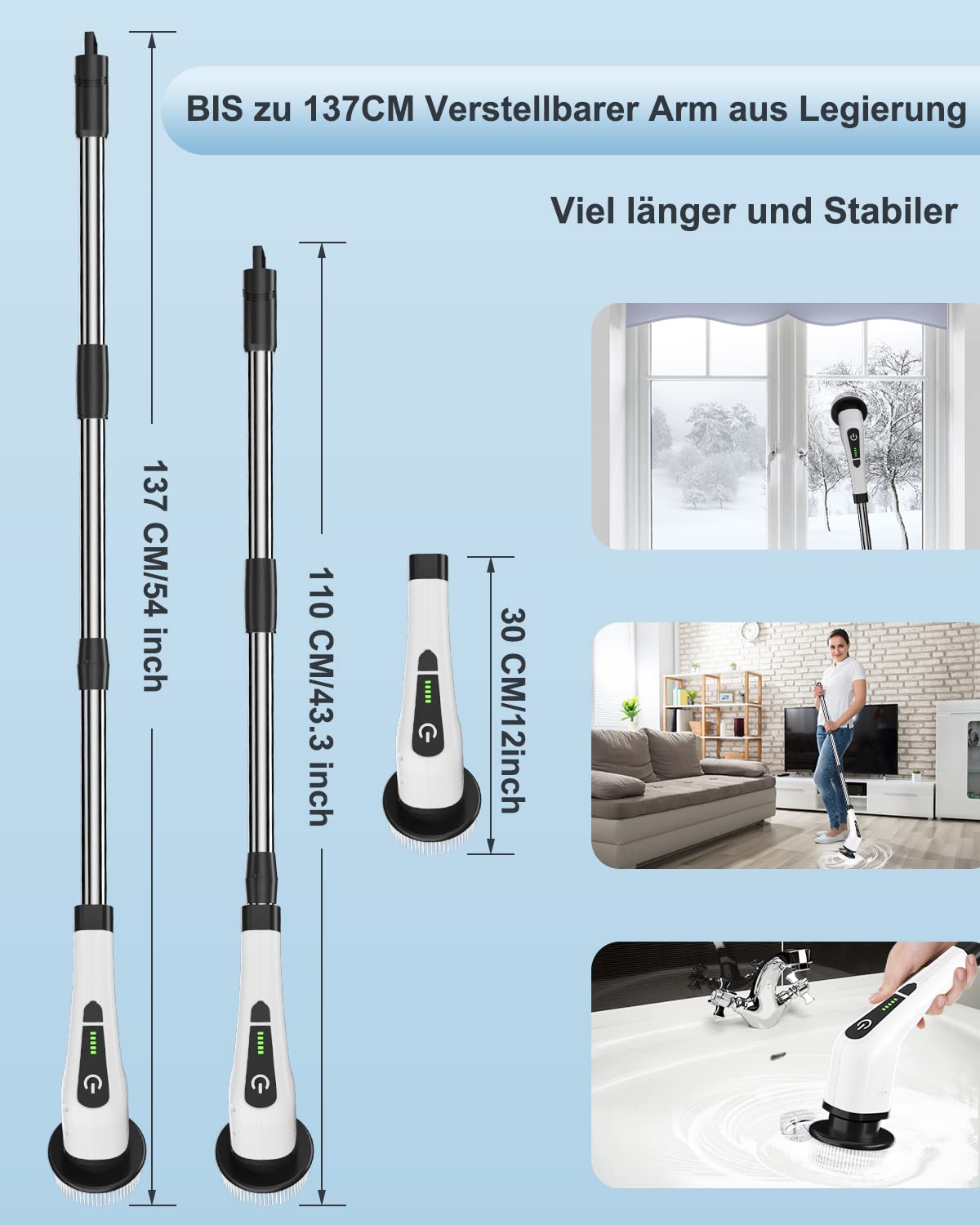 Elektrische Reinigungsbürste mit Akku – 8 Bürstenköpfe, Teleskopstiel