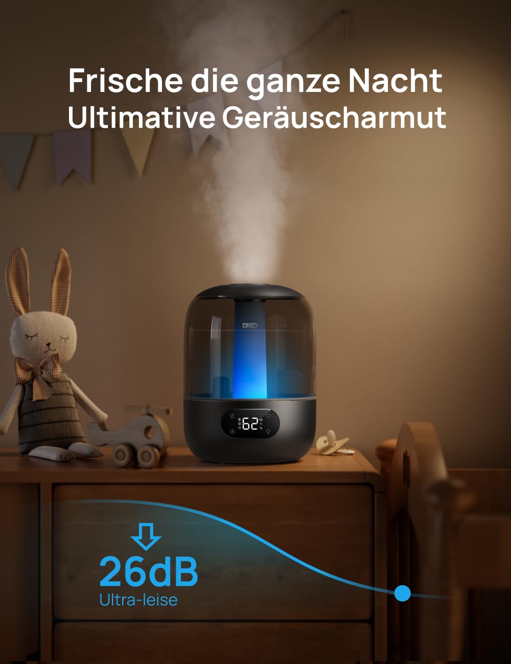 Dreo Luftbefeuchter 3 L – leise, mit Feuchtigkeitssensor & Nachtlicht