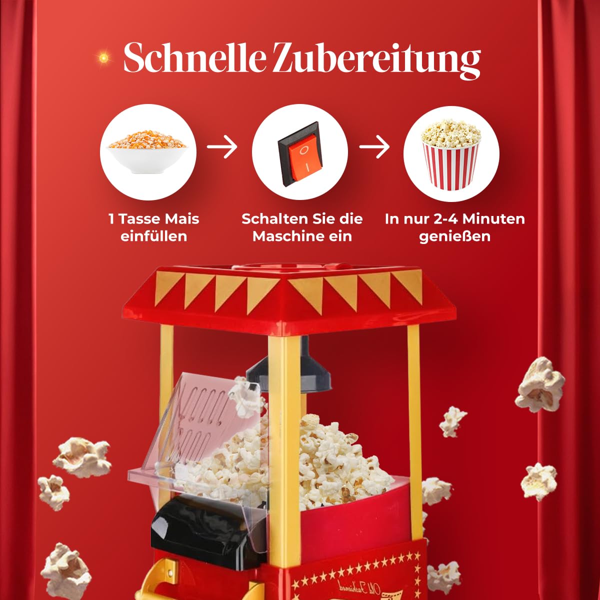 Retro-Popcornmaschine mit Heißluft – 1200 W, ohne Öl, in 2 Minuten