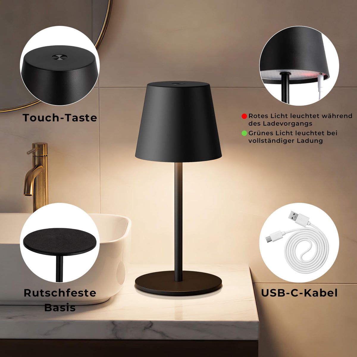 Kabellose Akku-Tischlampe 2er-Set – dimmbar, 3 Lichtfarben, Touch