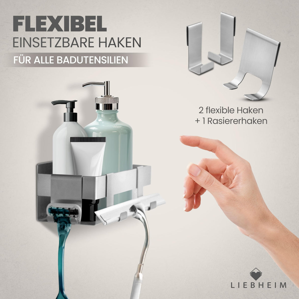Duschablage ohne Bohren aus Edelstahl – mit Haken