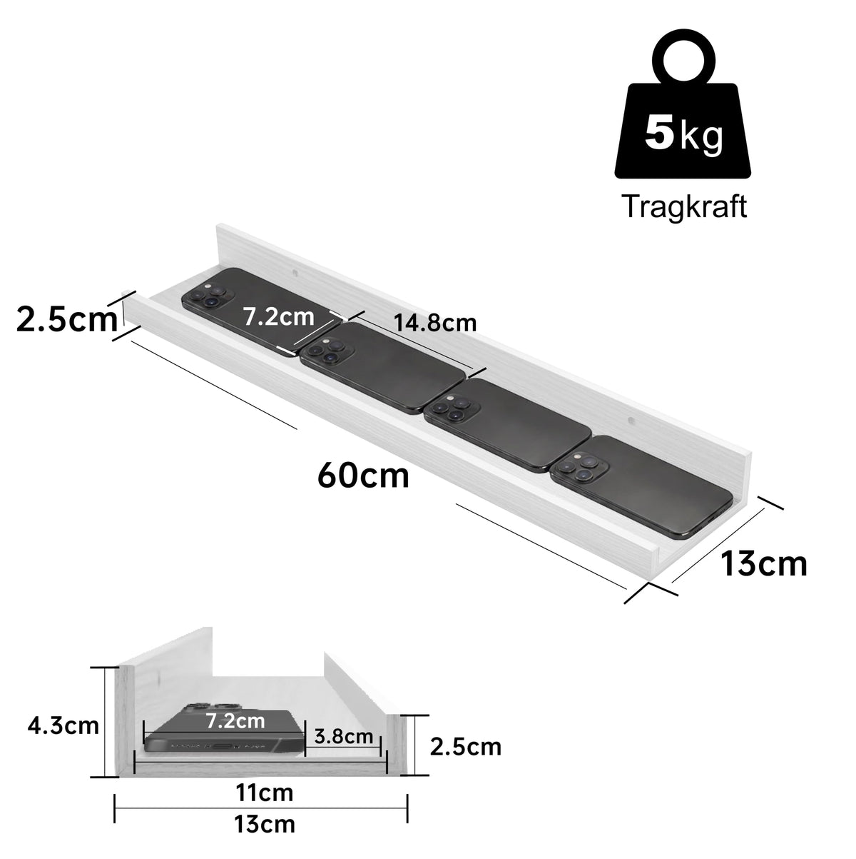 Bilderleiste 2er-Set – Wandregal mit Kanten vorn & hinten, 60 cm