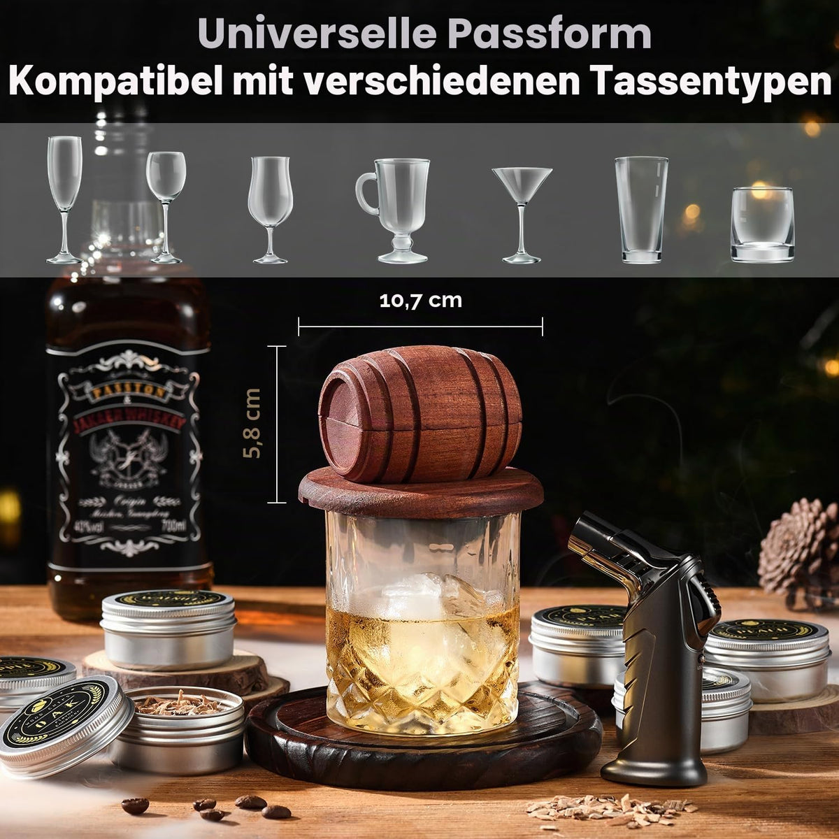 Cocktail-Smoker-Set mit Brenner – Whiskey-Räucherset mit 6 Holzchips & 2 Gläsern