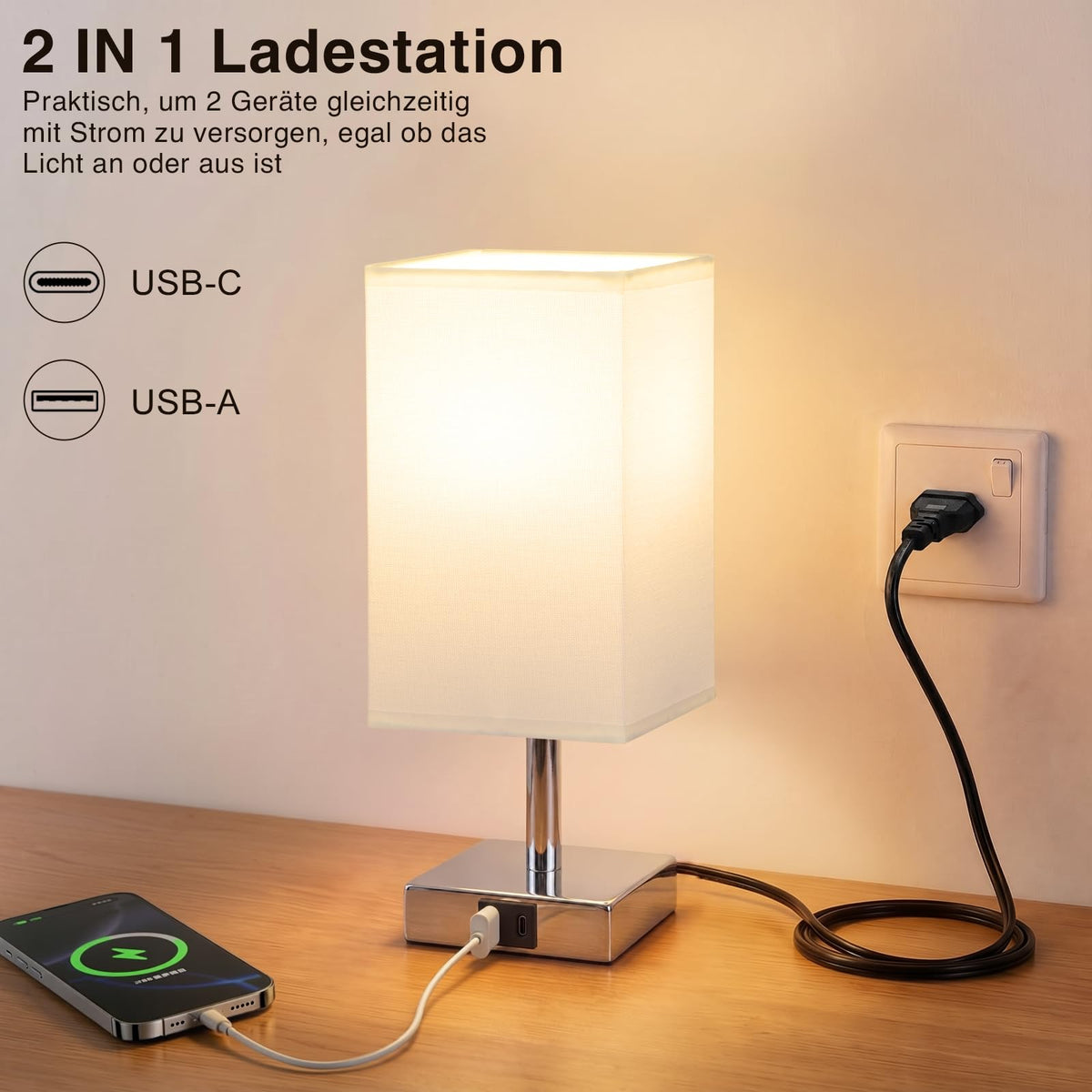 Nachttischlampen Touch dimmbar – 2er Set mit USB-A & USB-C