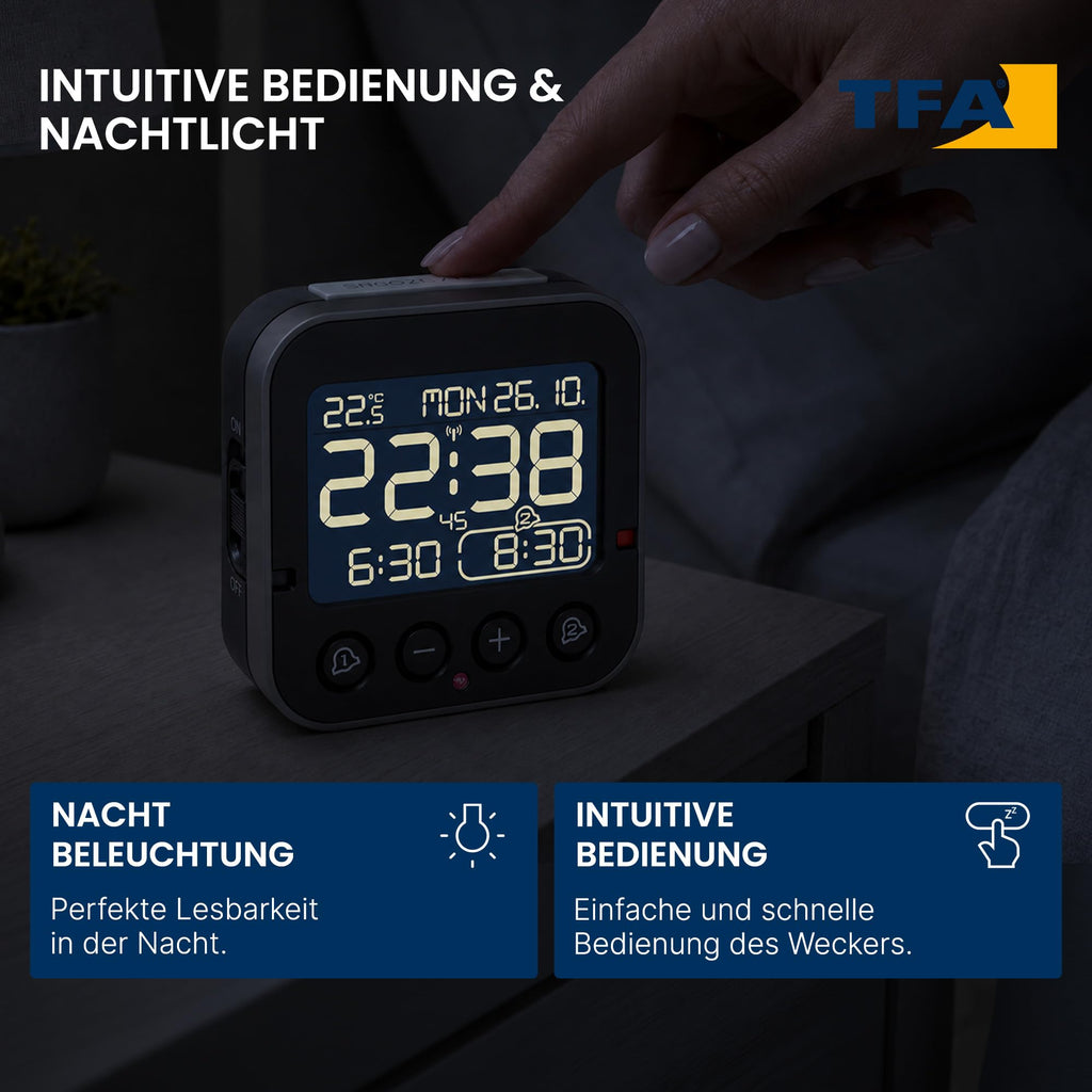TFA Dostmann Bingo 2.0 Funkwecker – digital, mit Temperaturanzeige