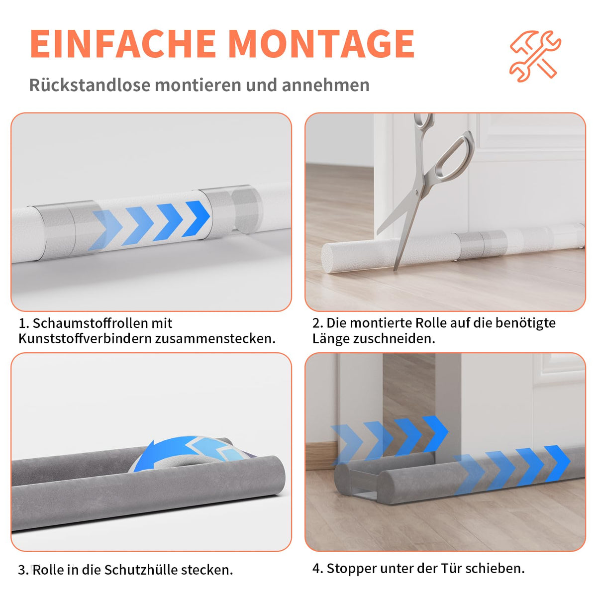 Zugluftstopper für Türen 90–110 cm – ohne Kleben & Bohren, waschbar, Grau