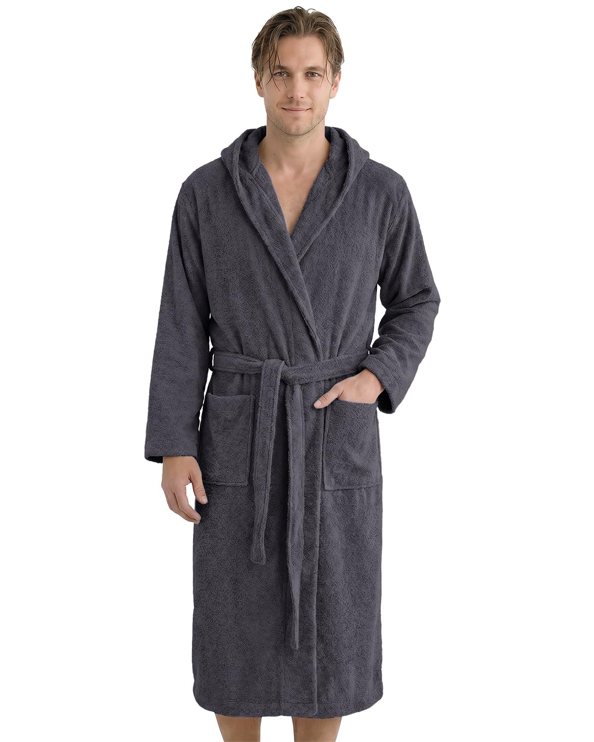 Herren Bademantel aus Frottee mit Kapuze – 100 % Baumwolle