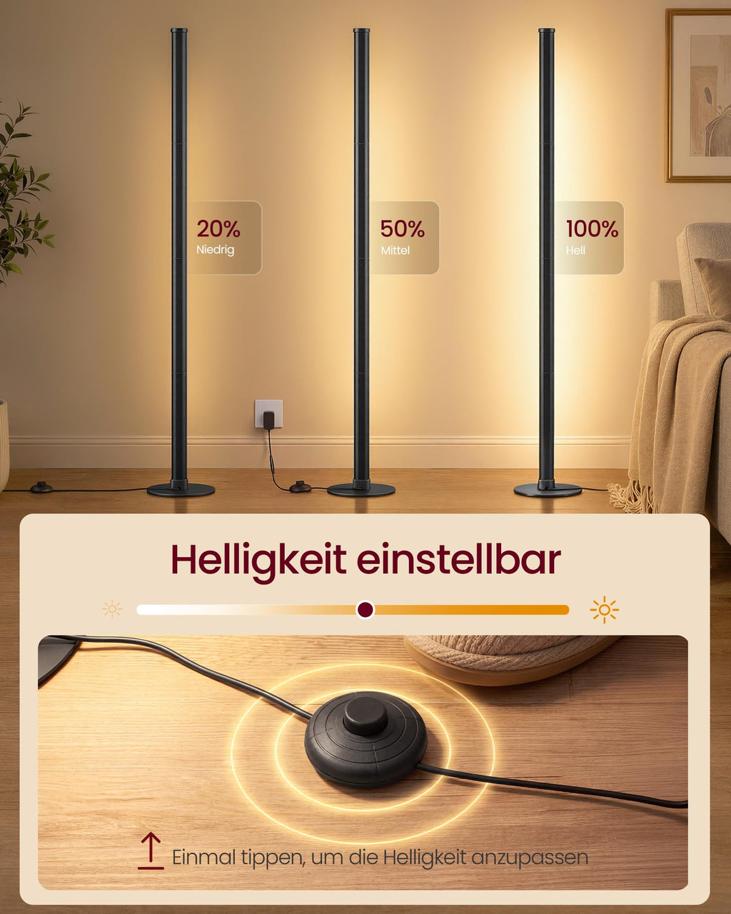 VASAGLE LED Stehlampe dimmbar – 1200 lm, warmweiß