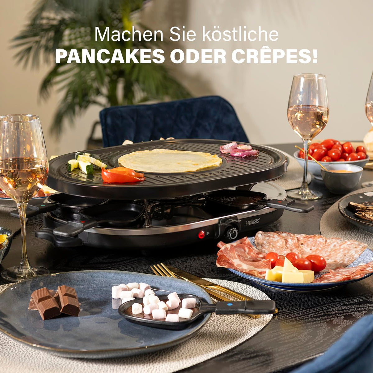 Princess Raclette-Grill oval – 8 Pfännchen, mit Crêpes-Fläche, 1200 W
