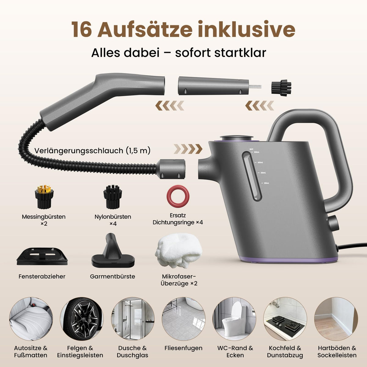 Hand-Dampfreiniger 550 ml – in 15 Sekunden bereit, 16 Aufsätze