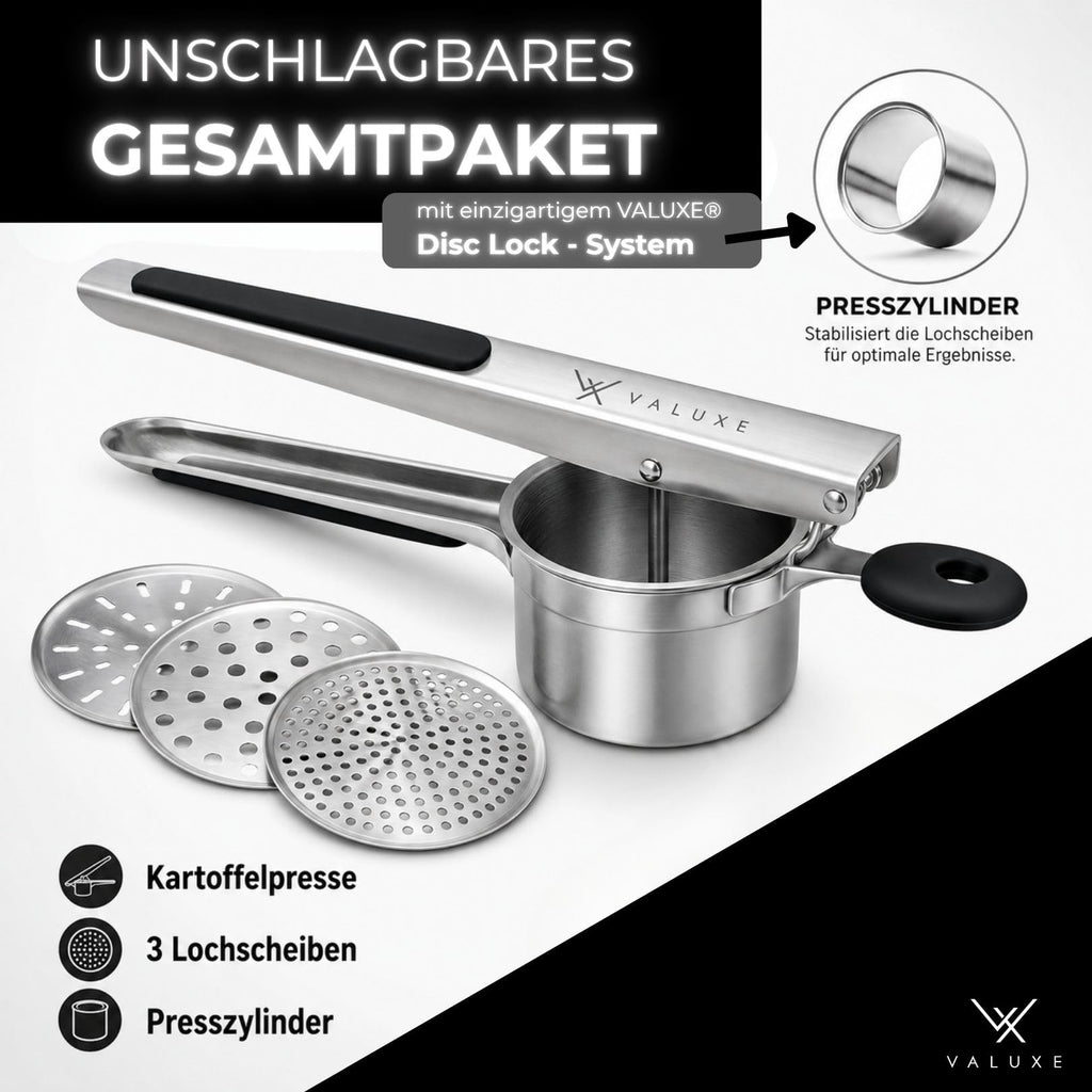 Kartoffelpresse aus Edelstahl – mit 3 Lochscheiben