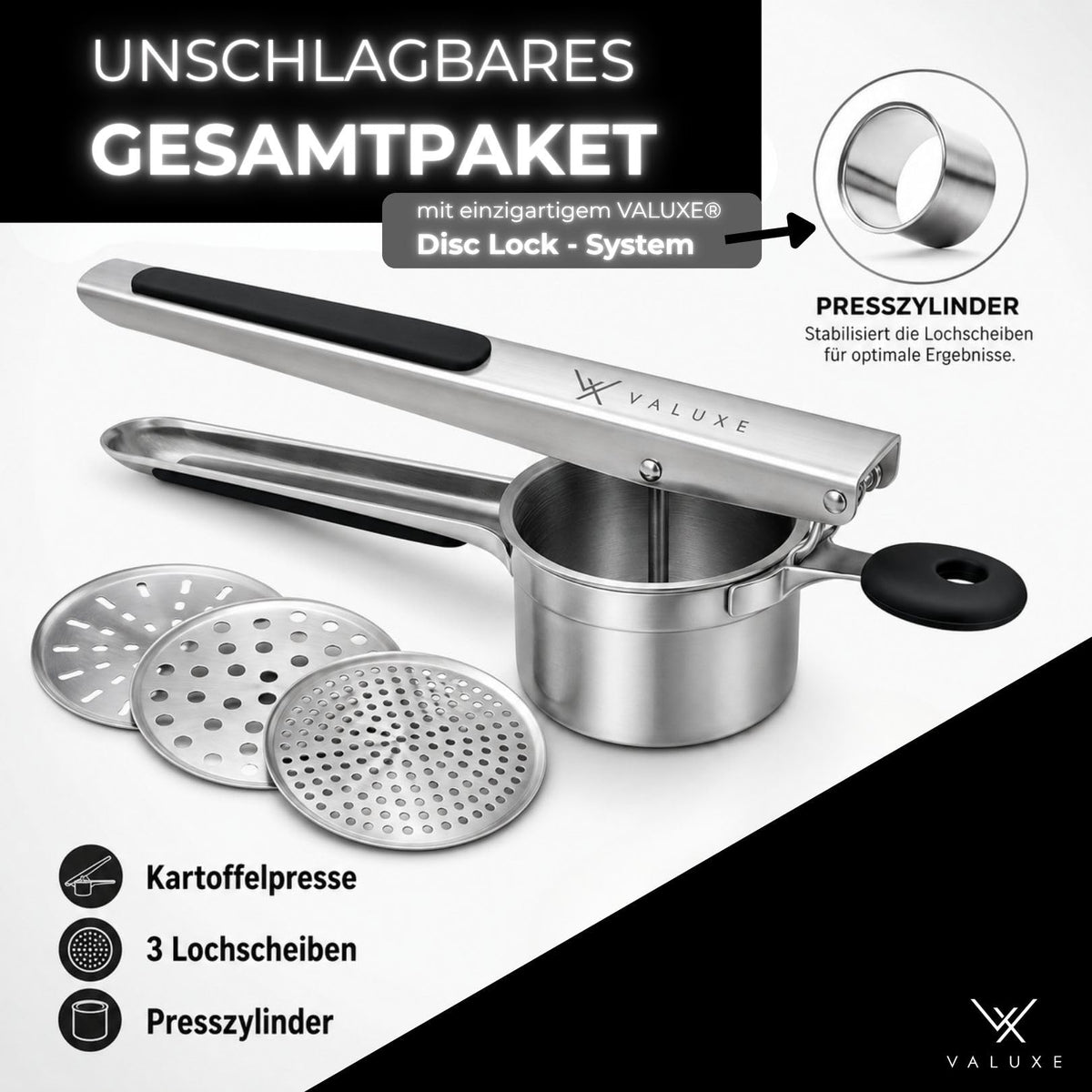 Kartoffelpresse aus Edelstahl – mit 3 Lochscheiben
