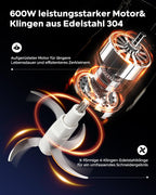 Elektrischer Zerkleinerer mit 2 Behältern – Glas 2 L + Edelstahl 1,8 L, 600 W