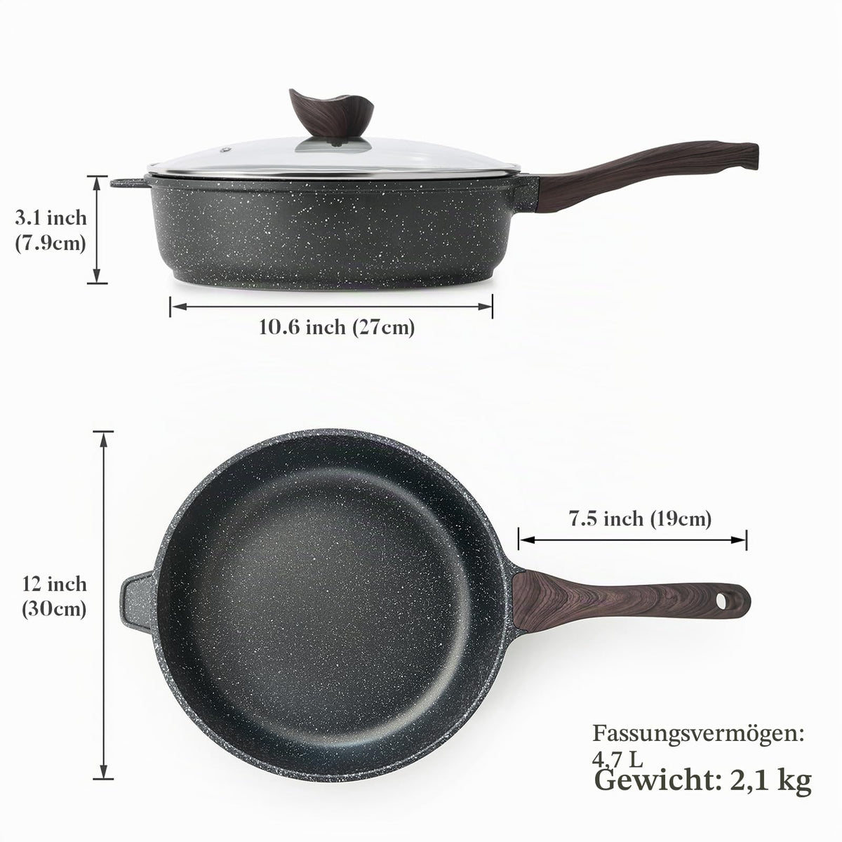 Antihaft-Schmorpfanne mit Glasdeckel – 30 cm, 4,7 L, induktionsgeeignet