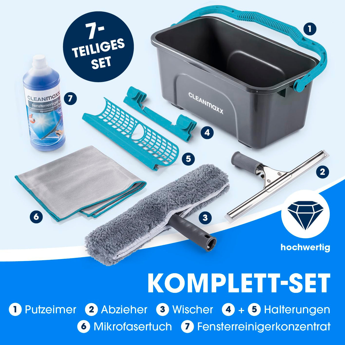 CLEANmaxx Fensterreiniger-Set 7-teilig – mit Eimer & Reinigerkonzentrat