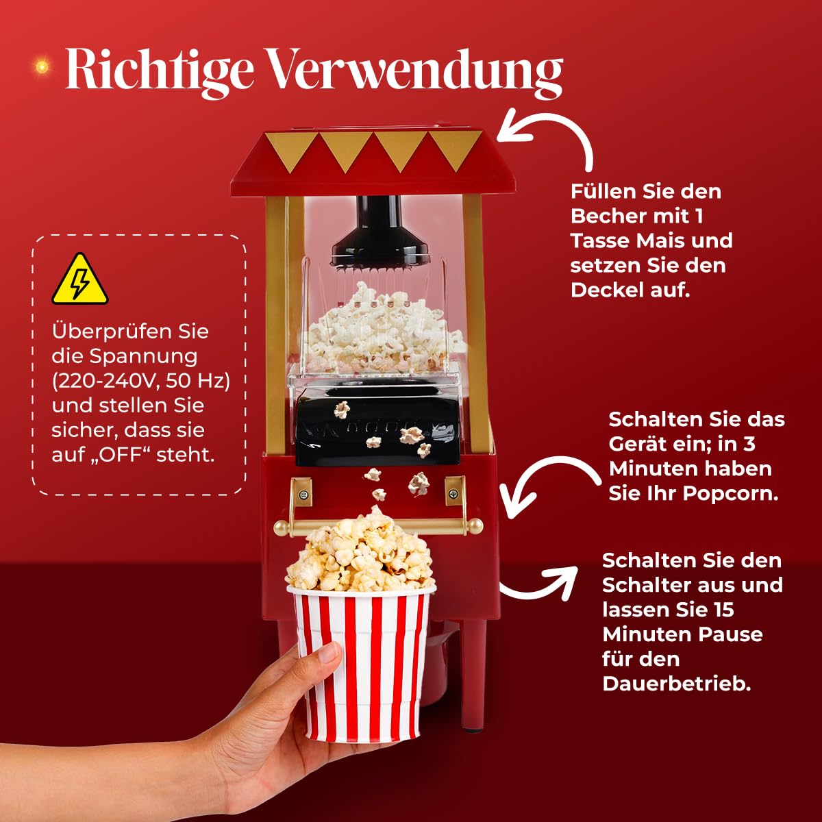Retro-Popcornmaschine mit Heißluft – 1200 W, ohne Öl, in 2 Minuten