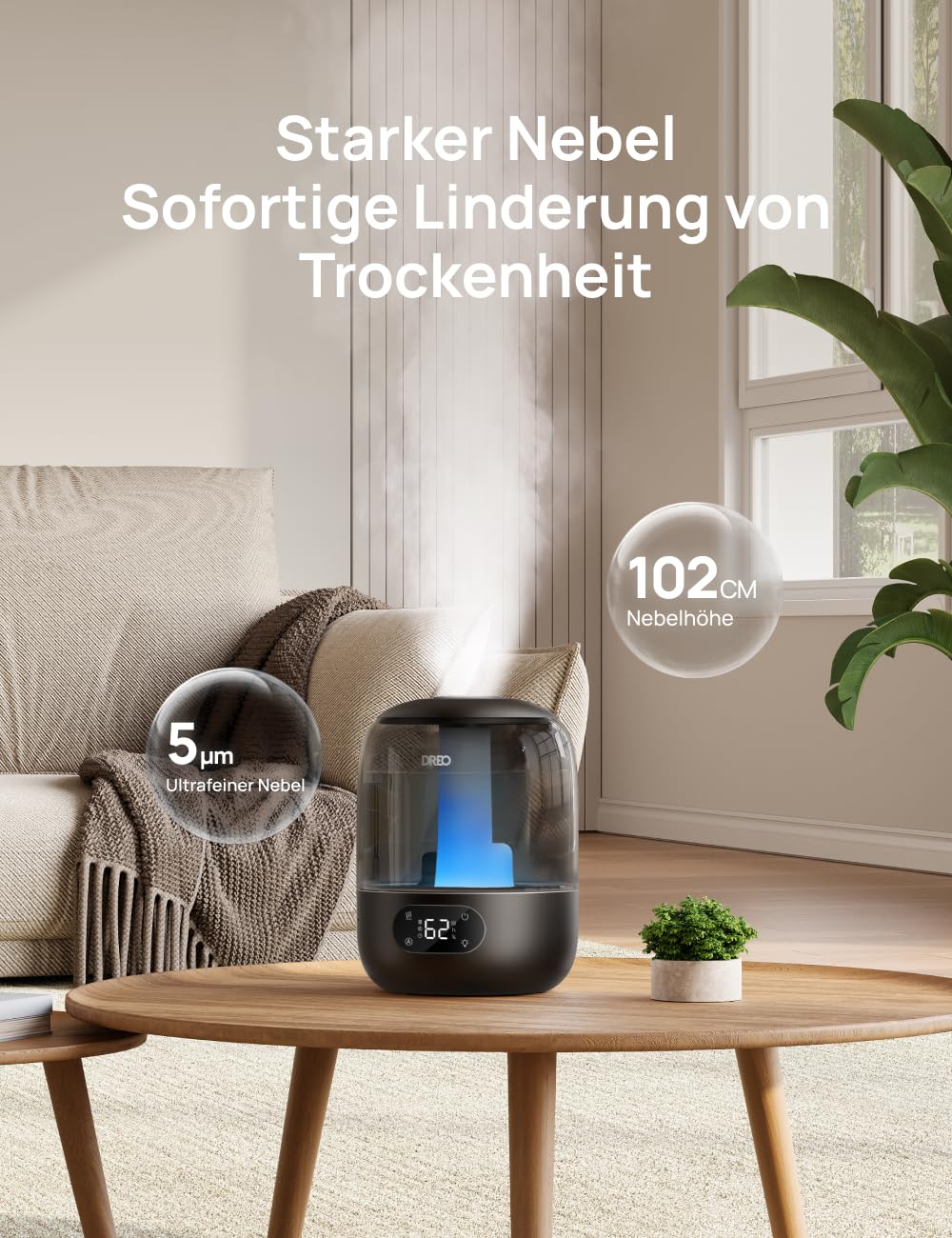 Dreo Luftbefeuchter 3 L – leise, mit Feuchtigkeitssensor & Nachtlicht