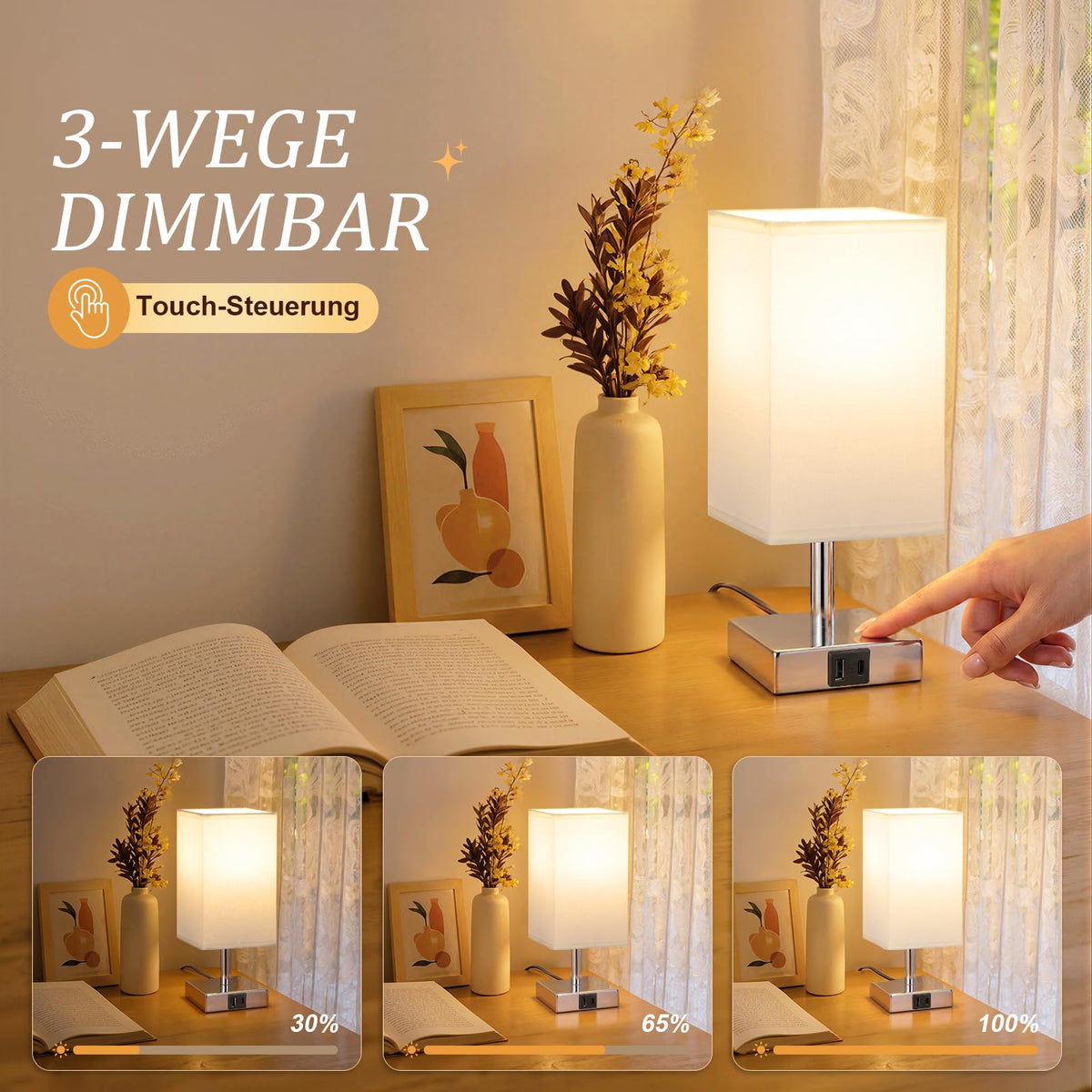 Nachttischlampen Touch dimmbar – 2er Set mit USB-A & USB-C
