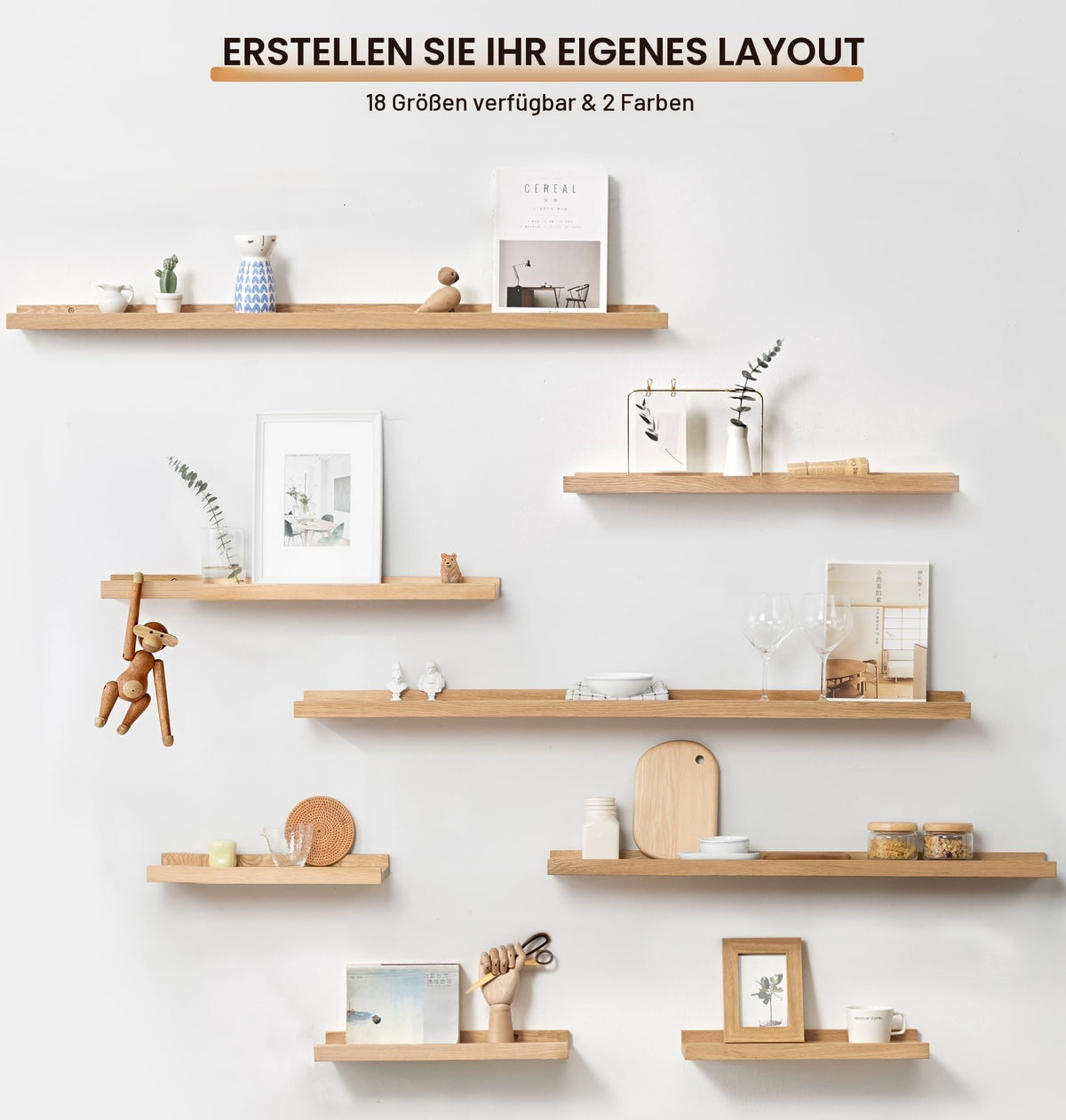 Wandregal aus massiver Eiche – Schweberegal mit Kante, 60 cm