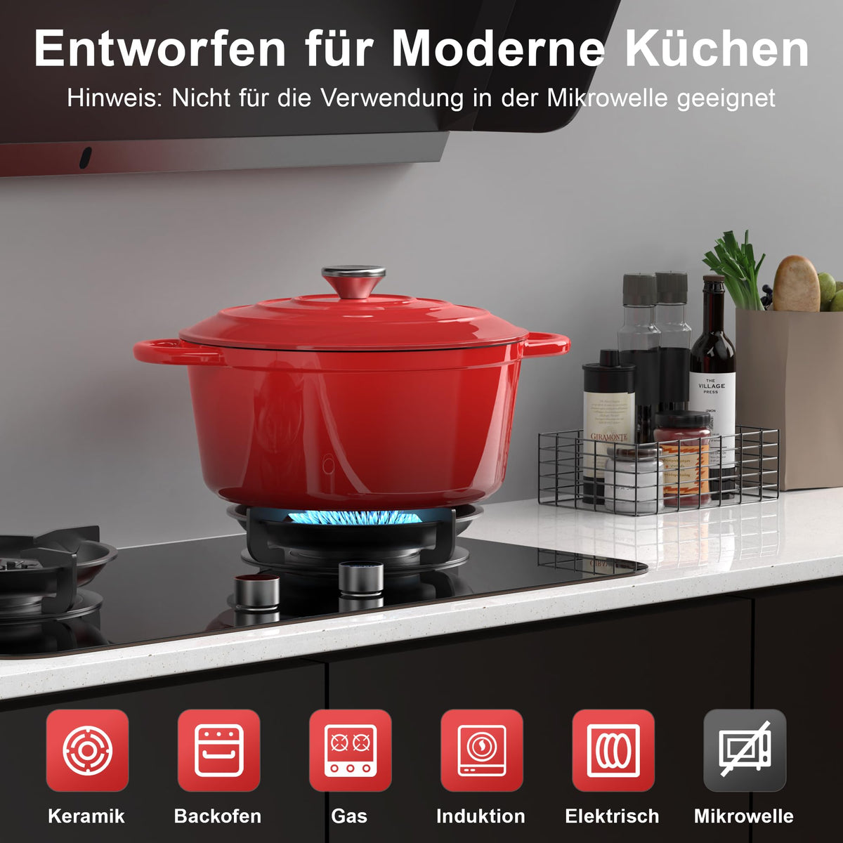 Gusseisen-Brotbacktopf emailliert 26 cm, 5 L – Bräter mit Deckel, Rot