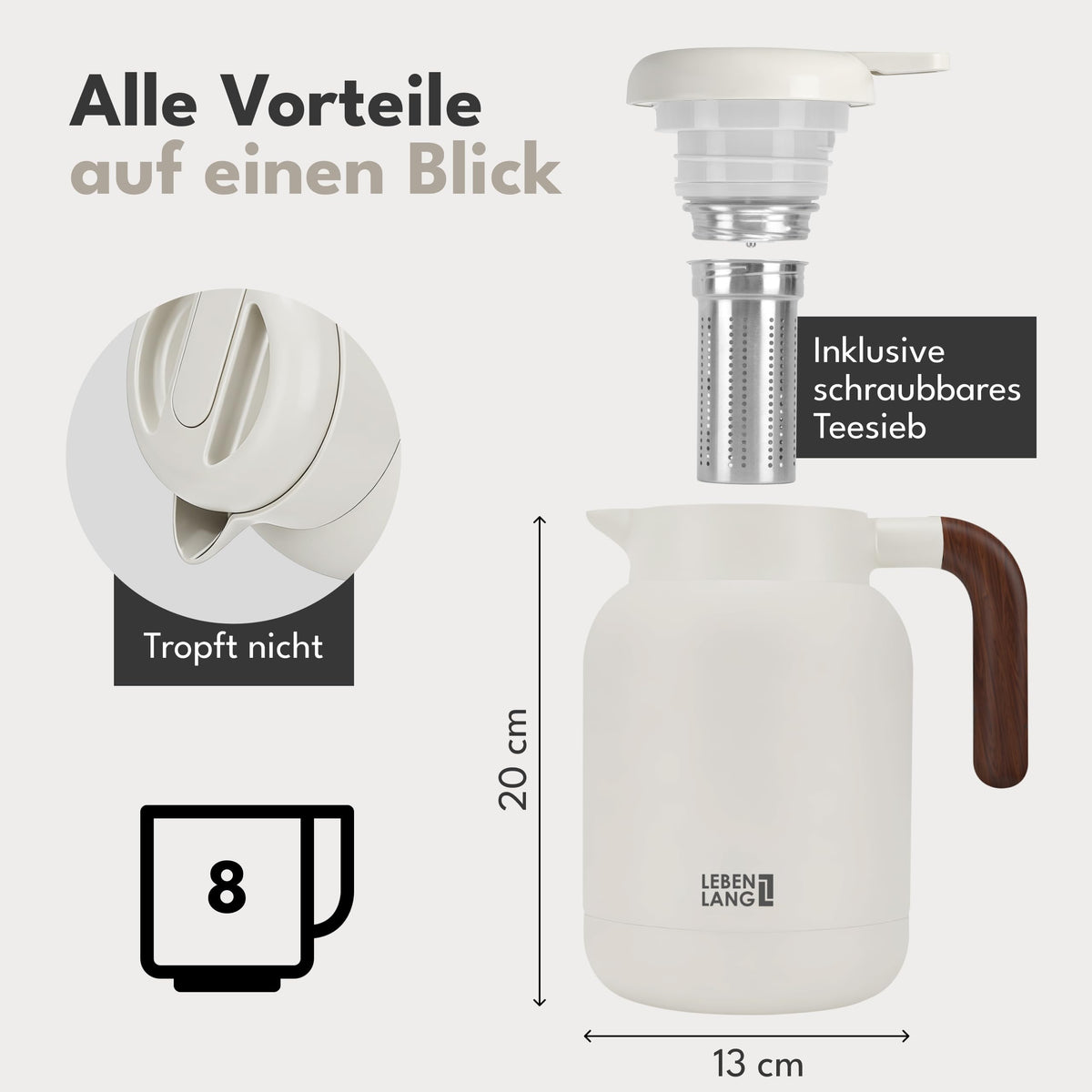 Isolierkanne 1,5 L mit Keramikbeschichtung & Teesieb