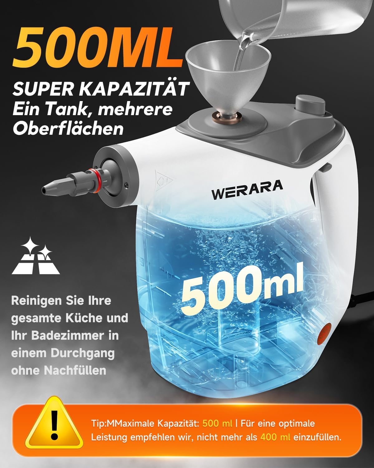 Hand-Dampfreiniger 1050 W mit 500 ml Tank – 16-teiliges Zubehör