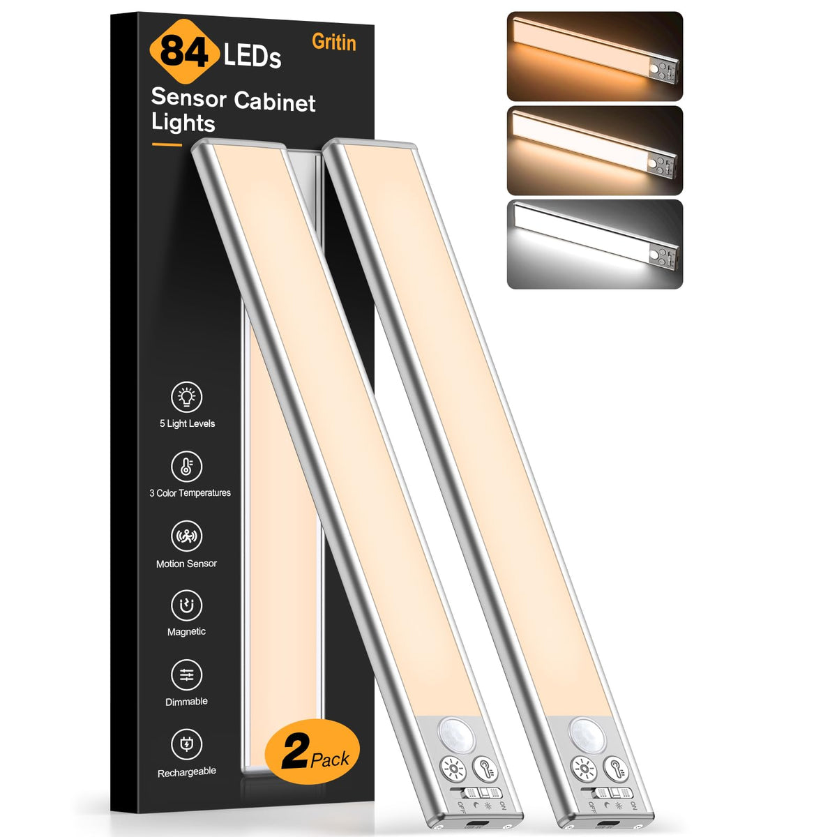 LED-Unterbauleuchte mit Bewegungsmelder 26 cm, 2er-Set – Akku, USB-C, magnetisch