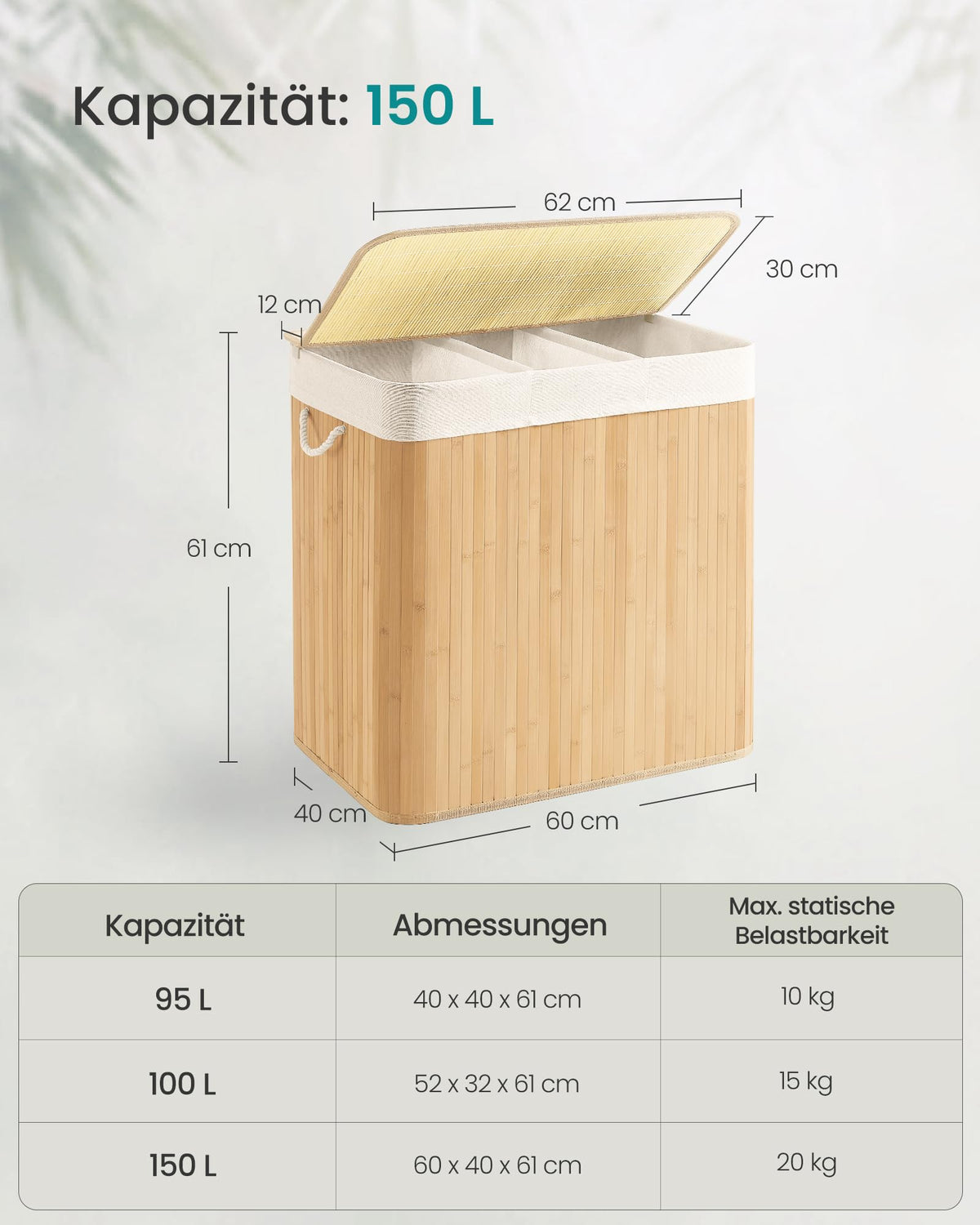 Bambus-Wäschekorb mit 3 Fächern & Deckel – 150 L, faltbar