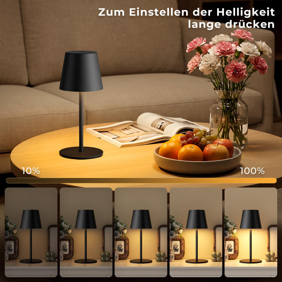 Kabellose Akku-Tischlampe 2er-Set – dimmbar, 3 Lichtfarben, Touch