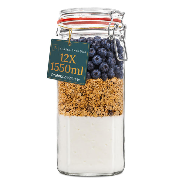 Drahtbügelgläser 1550 ml – 12er Set inkl. Etiketten, Made in Germany