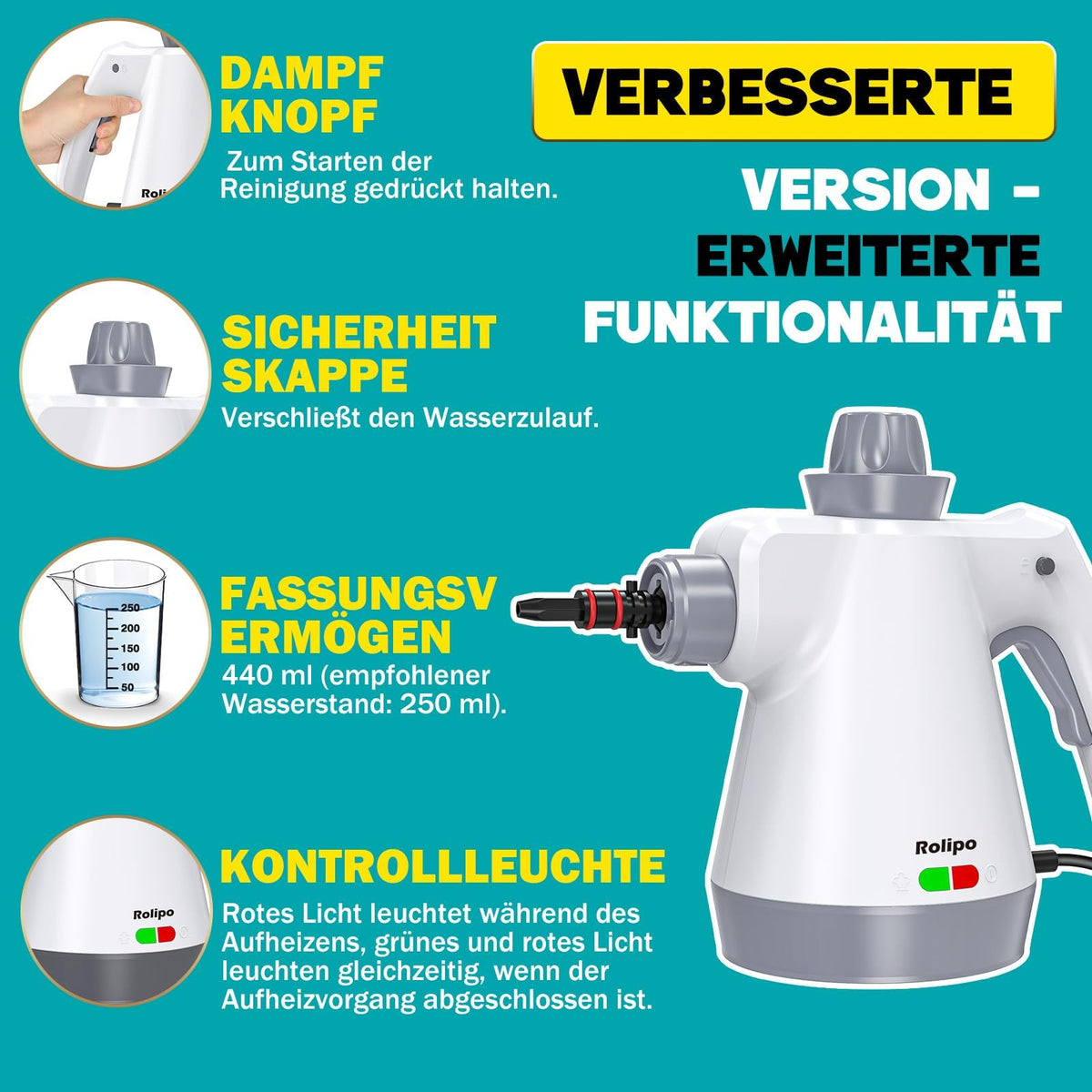 Hand-Dampfreiniger 1050 W mit 12-teiligem Zubehör