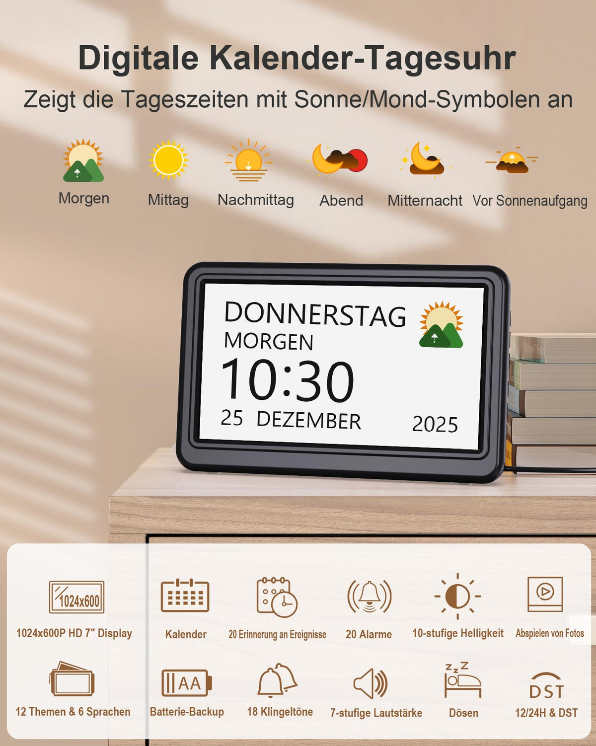 Digitale Kalenderuhr 7 Zoll – mit Datum, Wochentag & 20 Erinnerungen