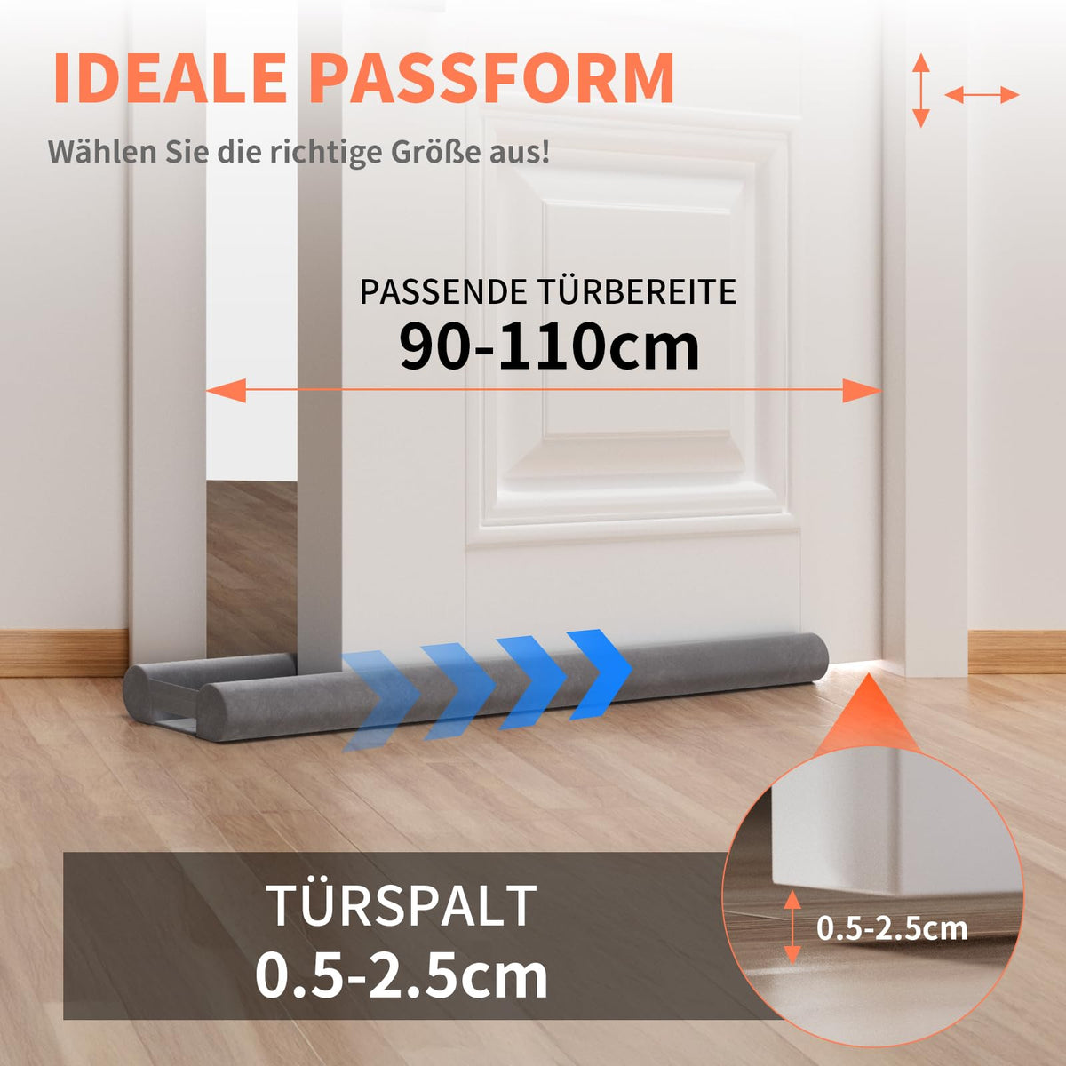Zugluftstopper für Türen 90–110 cm – ohne Kleben & Bohren, waschbar, Grau