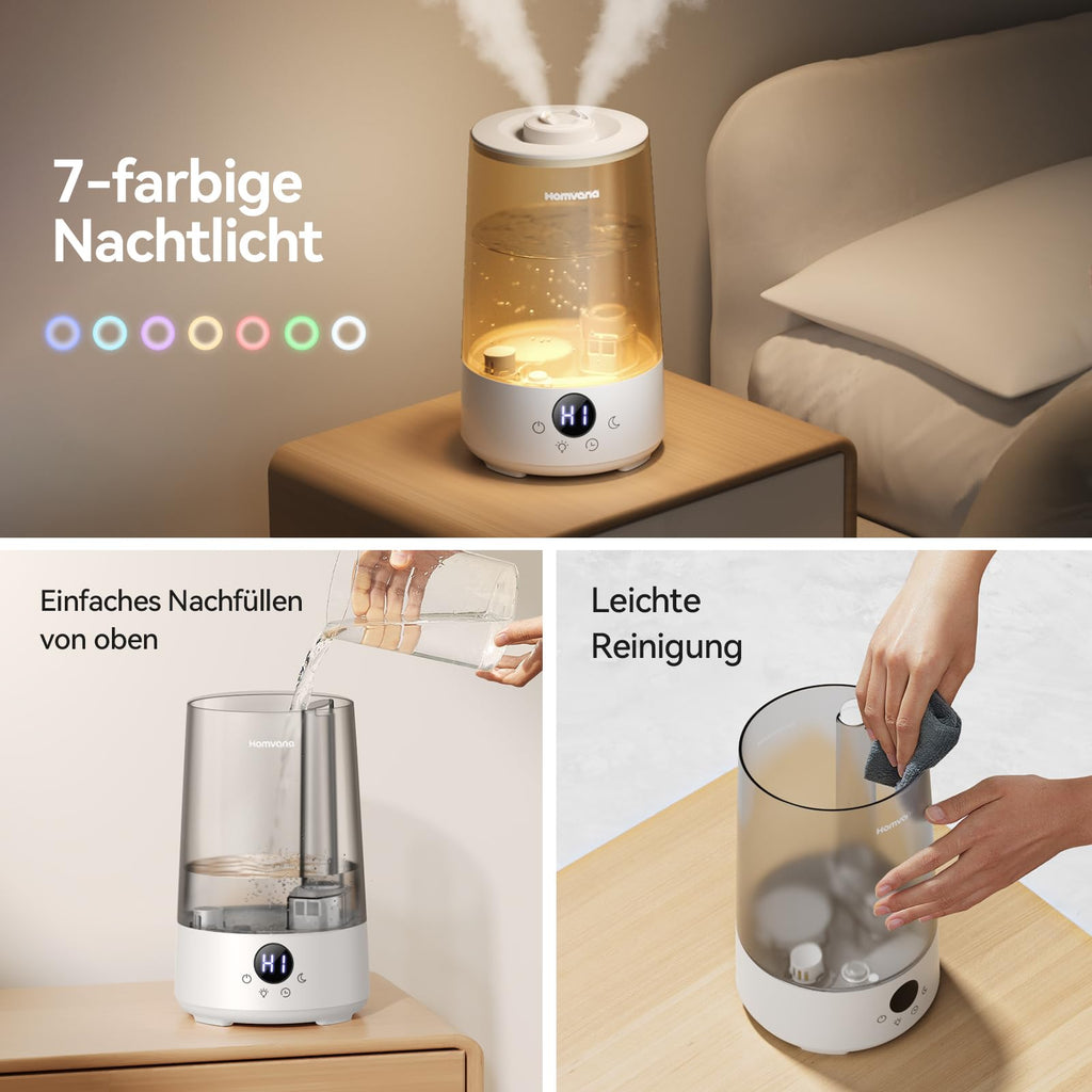 Homvana Luftbefeuchter mit Top-Fill – 3-in-1 mit Aroma & Nachtlicht