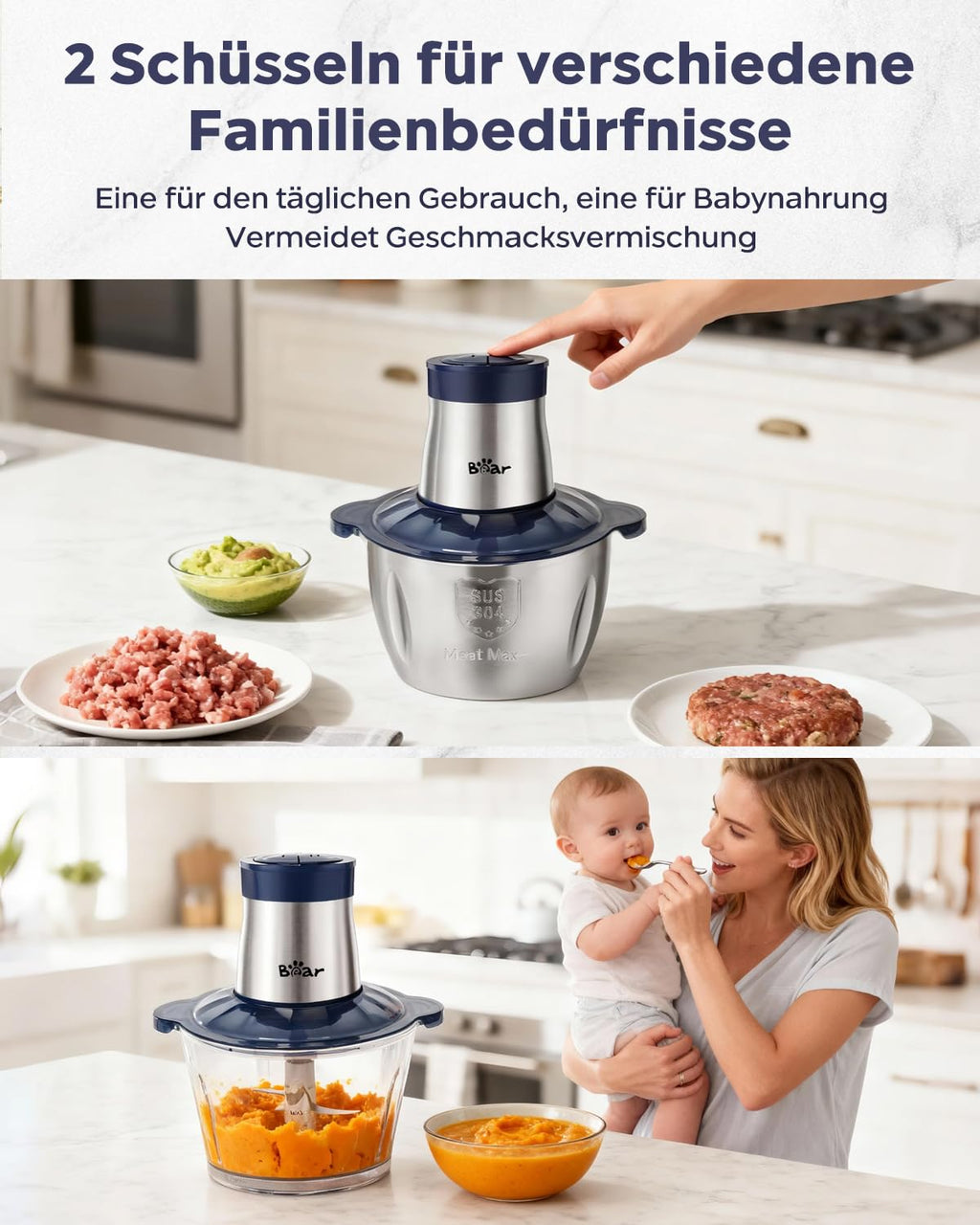 Elektrischer Zerkleinerer mit 2 Behältern – Glas 2 L + Edelstahl 1,8 L, 600 W