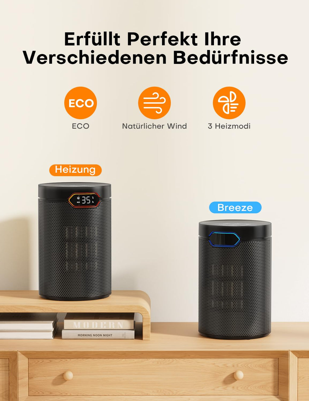 PTC Heizlüfter 1500 W – leise, ECO-Modus, Fernbedienung & Timer