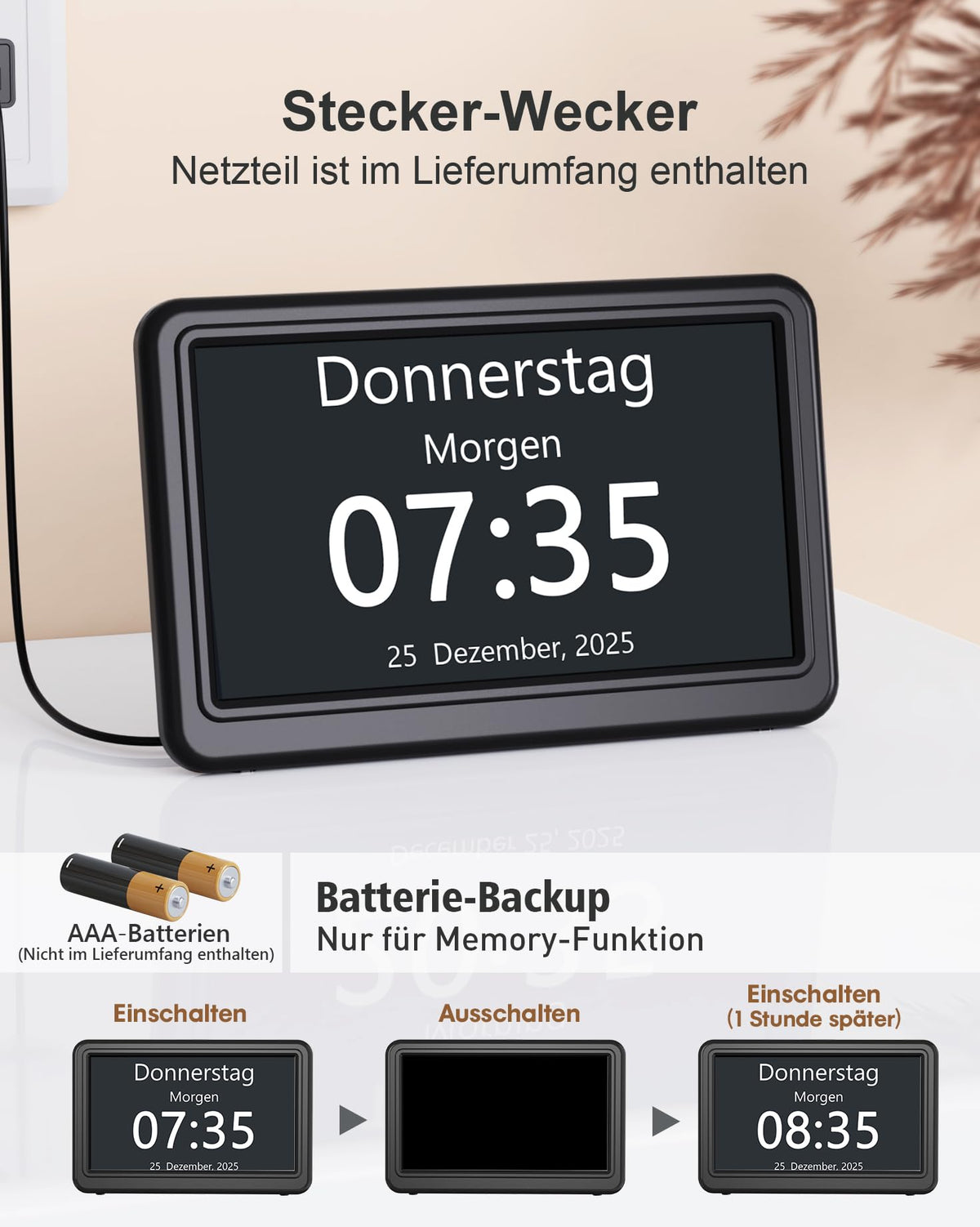 Digitale Kalenderuhr 7 Zoll – mit Datum, Wochentag & 20 Erinnerungen