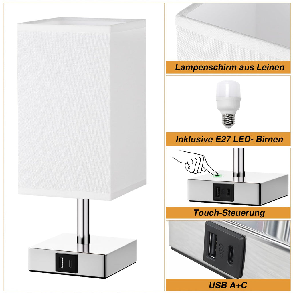 Nachttischlampen Touch dimmbar – 2er Set mit USB-A & USB-C