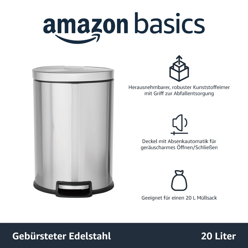 Edelstahl-Treteimer mit Soft-Close – 20 L, fingerabdruckresistent