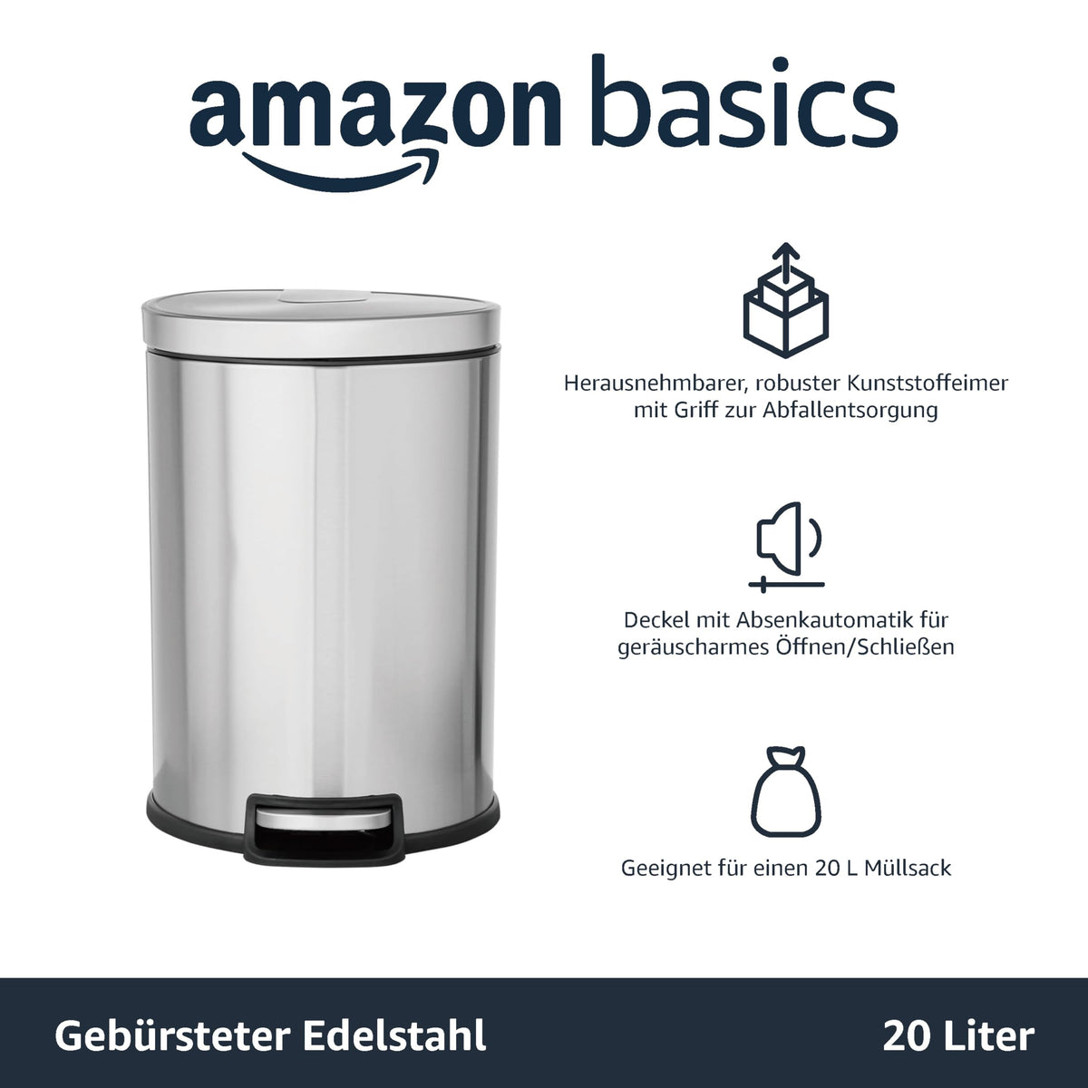 Edelstahl-Treteimer mit Soft-Close – 20 L, fingerabdruckresistent