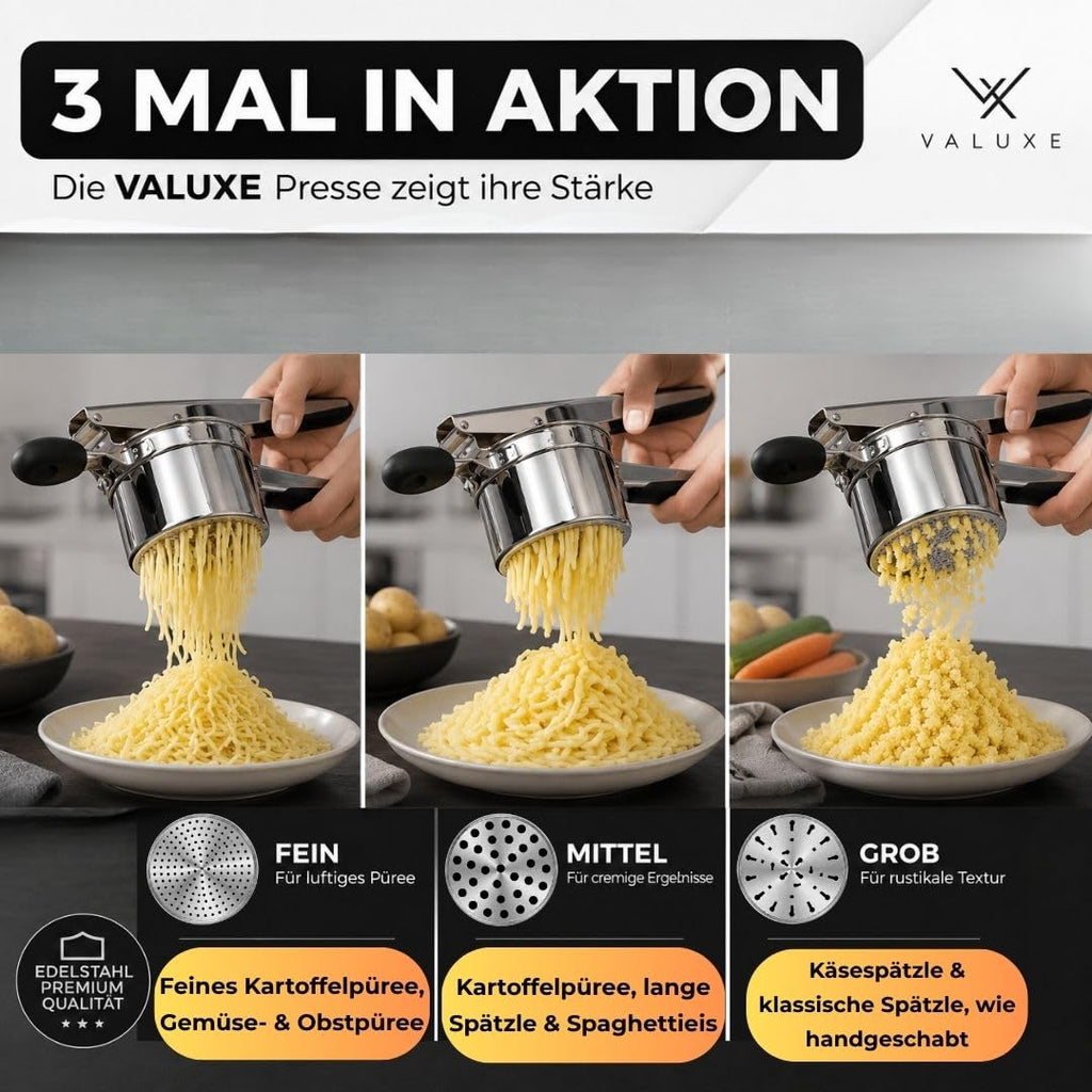 Kartoffelpresse aus Edelstahl – mit 3 Lochscheiben