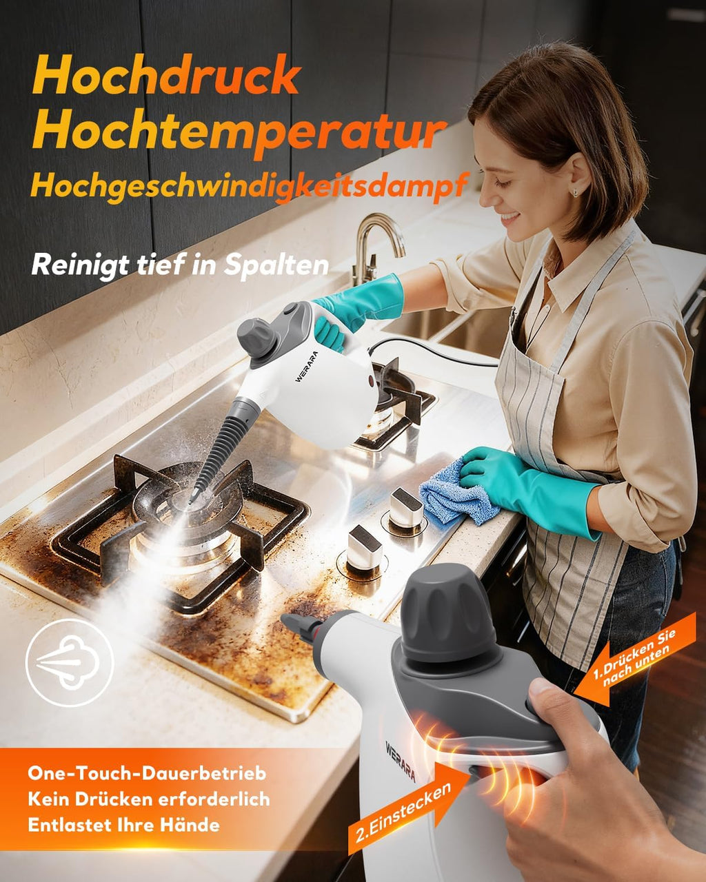 Hand-Dampfreiniger 1050 W mit 500 ml Tank – 16-teiliges Zubehör