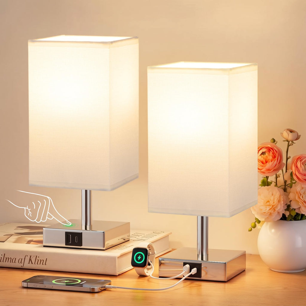 Nachttischlampen Touch dimmbar – 2er Set mit USB-A & USB-C