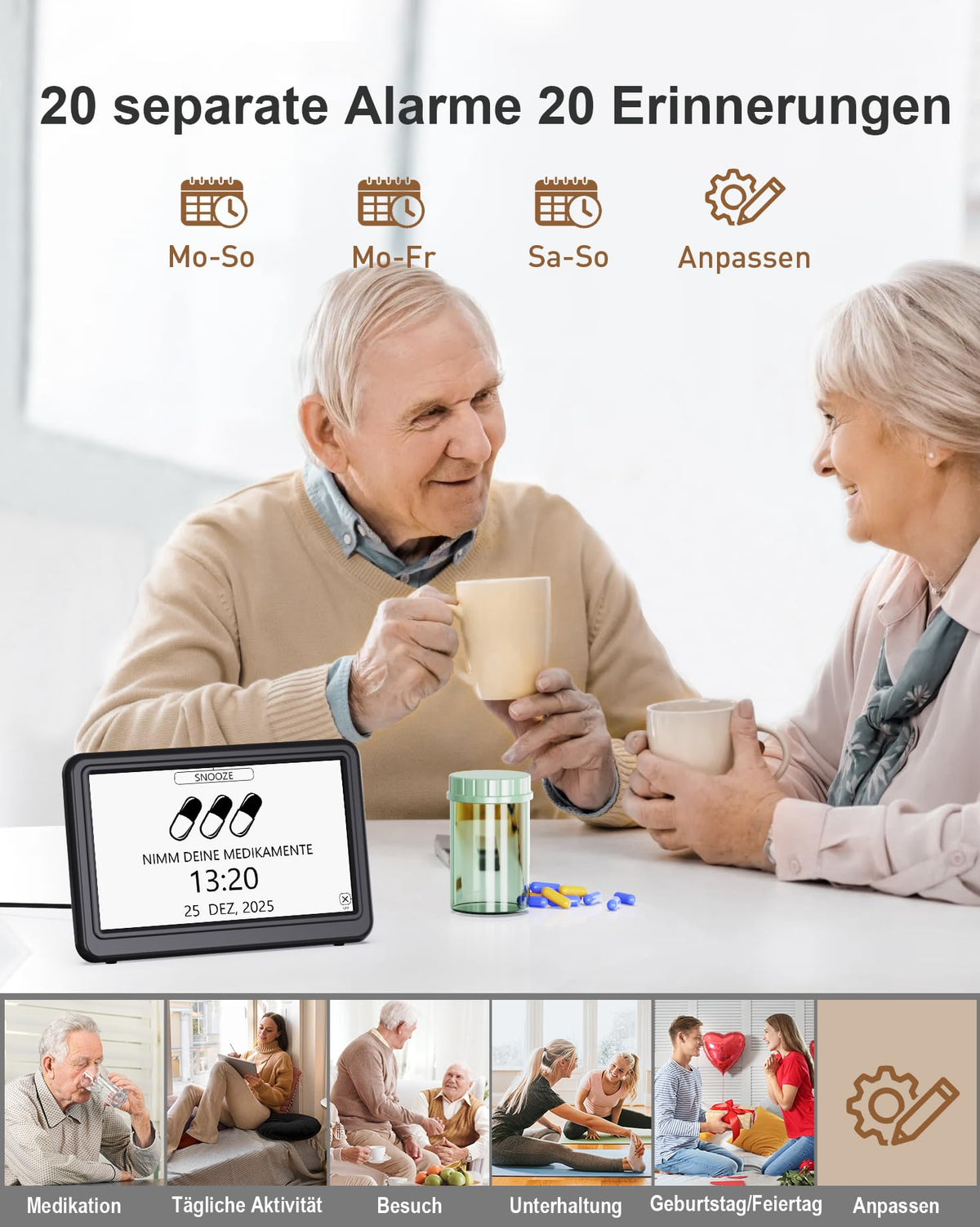Digitale Kalenderuhr 7 Zoll – mit Datum, Wochentag & 20 Erinnerungen