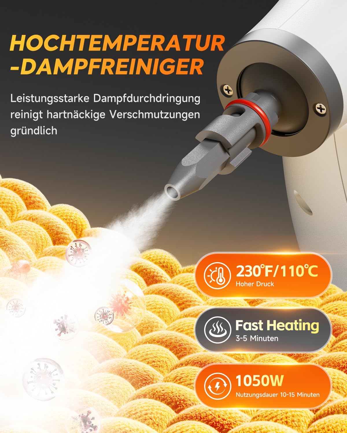 Hand-Dampfreiniger 1050 W mit 500 ml Tank – 16-teiliges Zubehör