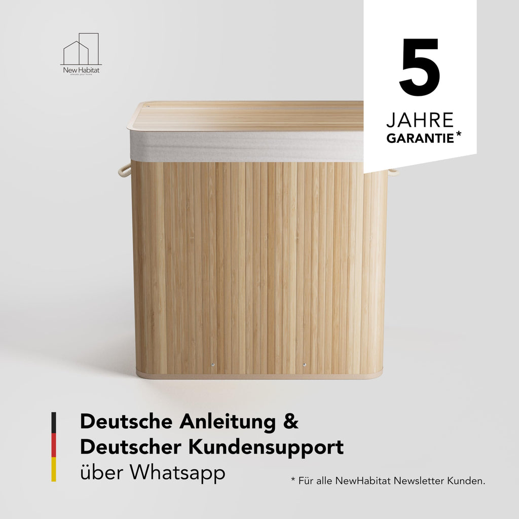 Bambus-Wäschekorb mit 3 Fächern & Deckel – 150 L